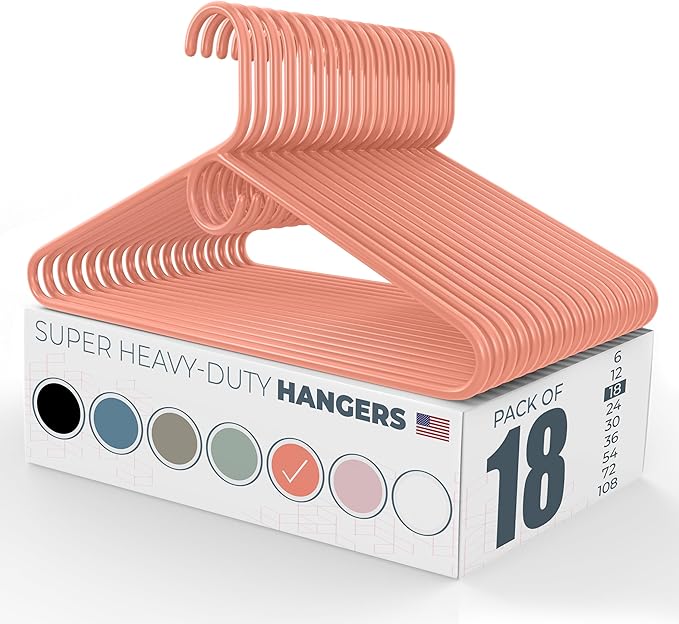 Neaties Super Heavy Duty Clothes Hangers 18 Pack â Made in The USA - 10lb Capacity, Thick Plastic Hangers for Pants, Coats, Jackets, Jeans and Adult Clothing â Peach