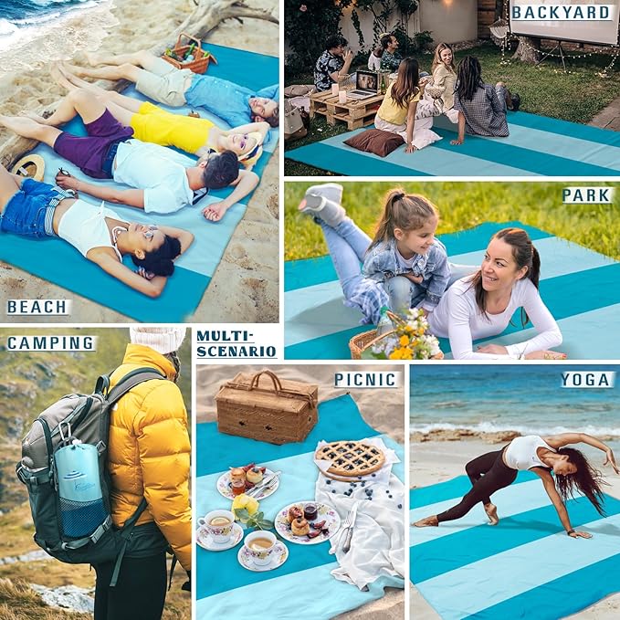 Famstar Beach Blanket Sandproof Waterproof 78''×81''1-5 Adults Oversized,Compact Lightweight Durable Beach Mat for Travel Camping Hiking Picnic Blanket