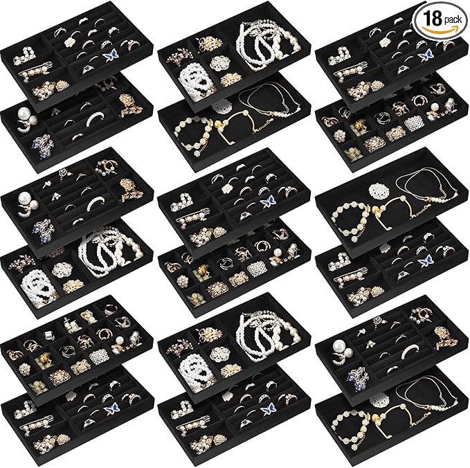 Junkin 18 Pcs Velvet Jewelry Tray Stackable Jewelry Drawer Organizer Jewellery Box Divided Display Tray for Earring Bangle(Black)