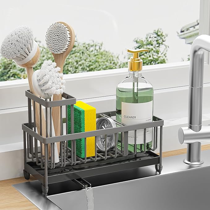 Cisily Sponge Holder for Kitchen Sink, Sink Caddy Organizer with High Brush Holder, Kitchen Countertop Organizers and Storage Essentials, Rustproof 304 Stainless Steel (Dark Grey, 9.25â³)