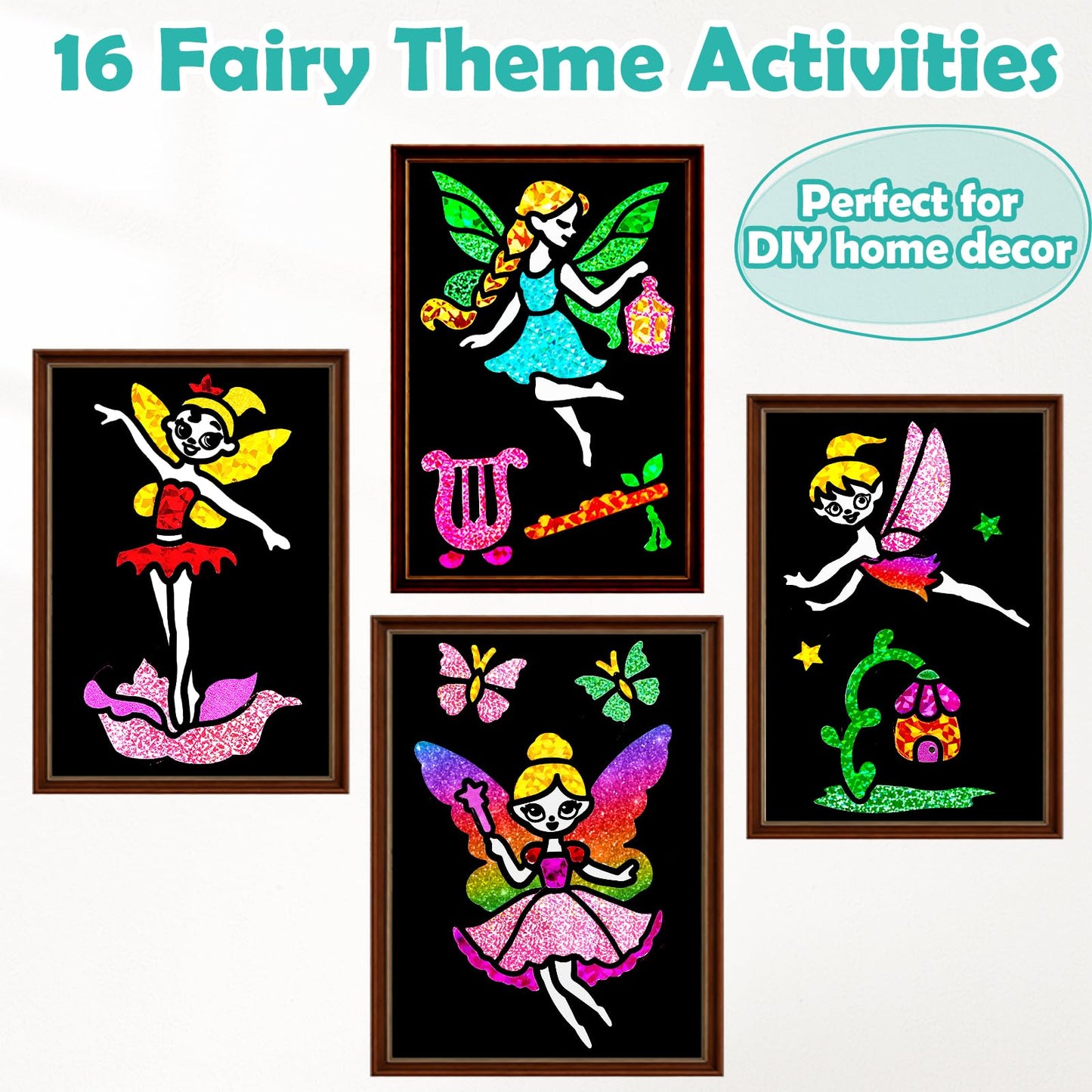 FUNNYB&G Foil Art Craft Kit for Girls 4-10 Years Old: Mess-Free & No-Glue, Create 16 Sparkly Fairy Pictures – Perfect Travel Toy & Birthday Gift for Kids(Fairy)