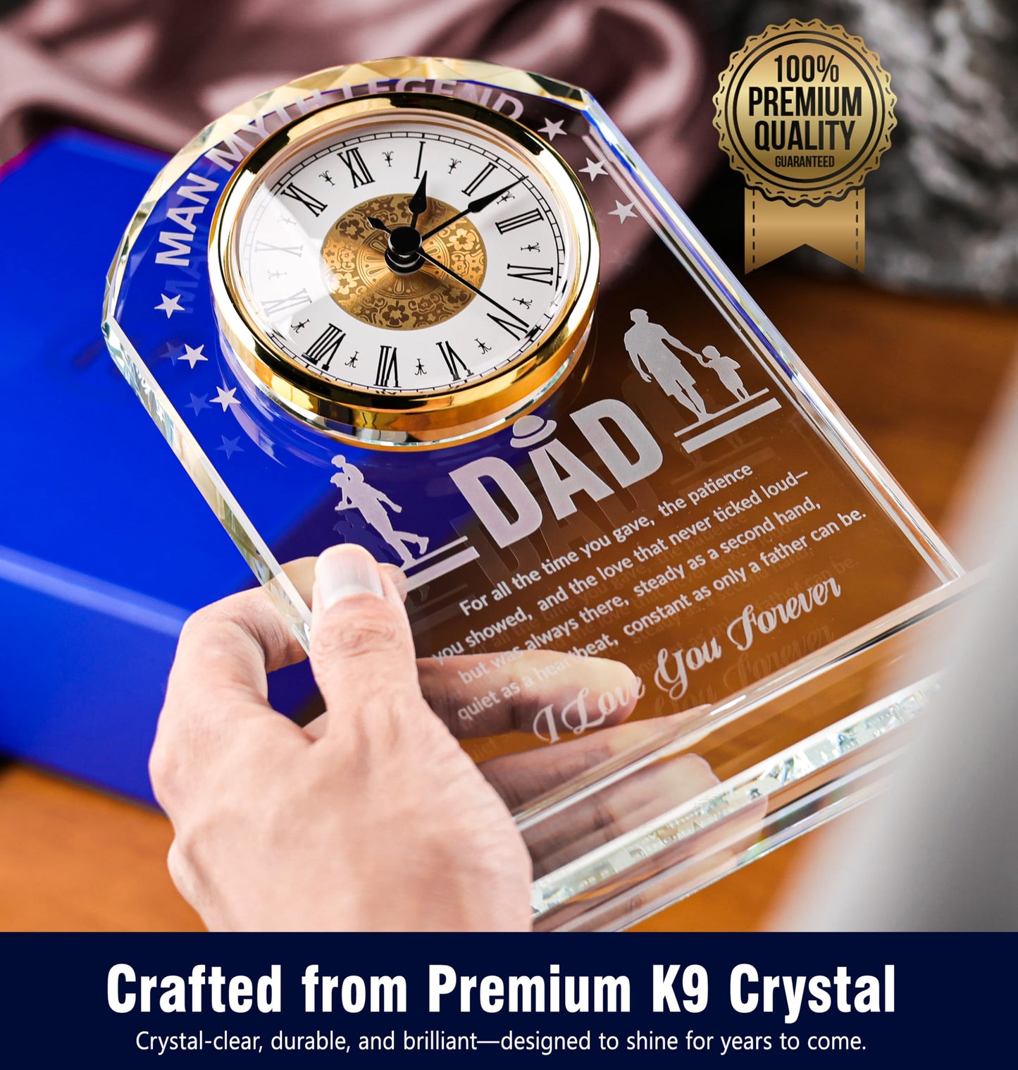 Sttokilly Dad K9 Crystal Clock Gifts from Daughter or Son,Elegant Desk Clock with Base for Father‘s Day,Birthday Gift Idea for Dad Who Wants Nothing,Sentimental Keepsake Present for Father
