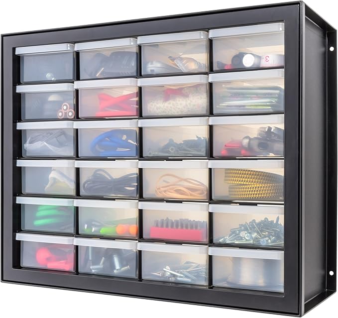 IRIS USA Plastic Storage Drawers, Made in USA, 24-Drawer Small Parts Organizer, Stackable Teacher Toolbox for Hardware, Screws, Nuts & Bolts, Stickers, Beads, Building Bricks, Garage Storage â Black