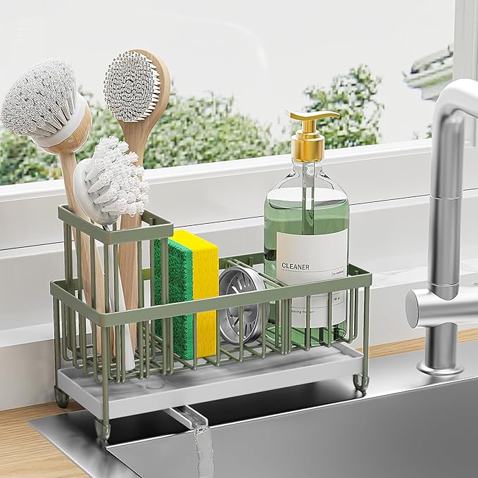 Cisily Sponge Holder for Kitchen Sink, Sink Caddy Organizer with High Brush Holder, Kitchen Countertop Organizers and Storage Essentials, Rustproof 304 Stainless Steel (Sage Green, 9.25â³)