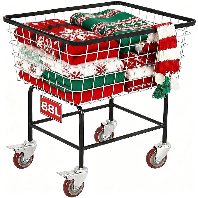 Wire Laundry Cart wtih Wheels, 2.5 Bushel Rolling Laundry Basket, Commercial Basket Carts for Laundry Room, Hotel, Home, Apartment Use, Durable Steel Frame with Galvanized Finish, 5" Casters