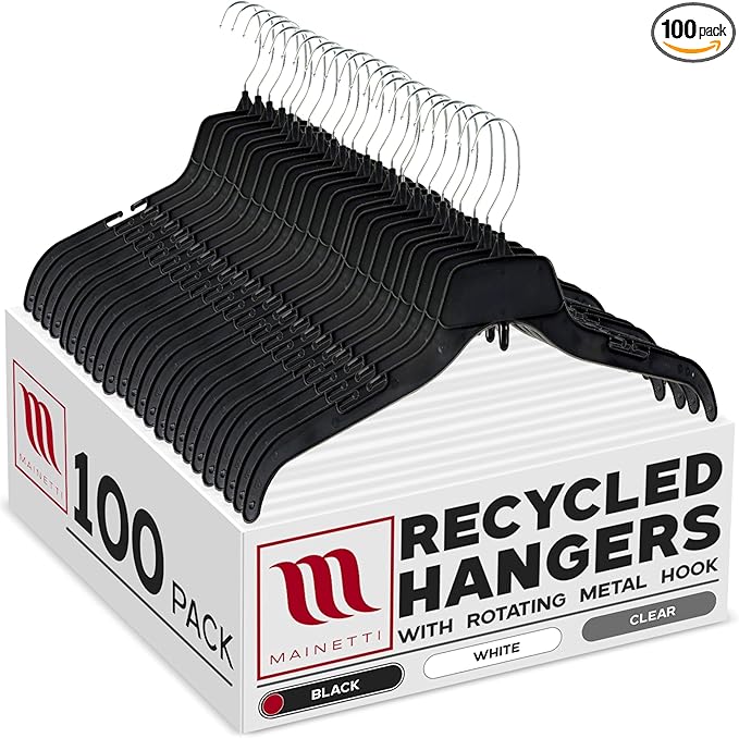 Mainetti 484 Recycled Black Plastic Hangers - 100 Pack with Rotating Metal Hook and Notches for Straps, Great for Shirts/Tops/Dresses, 17-Inch