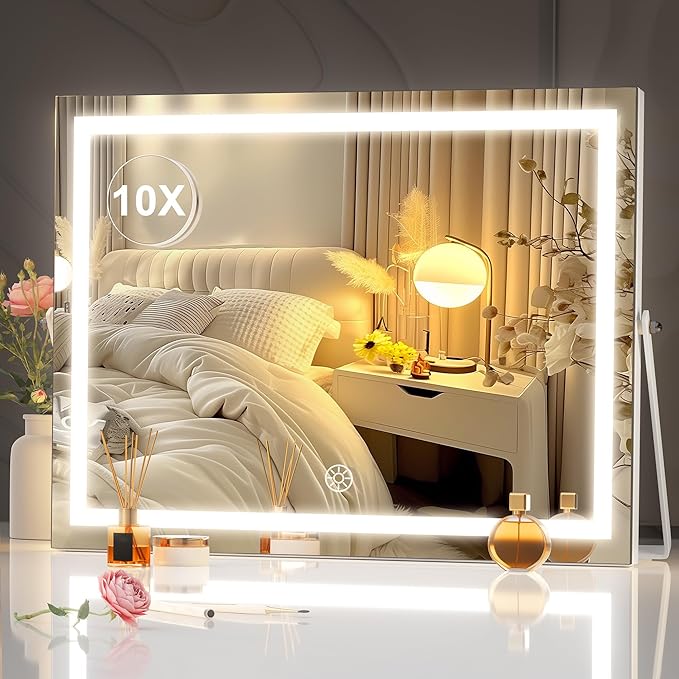 Hasipu Vanity Mirror with Lights, 17.7" x13.8â - 10X Magnification, Smart Touch 3 Color Modes, Brightness Control & 360° Rotation