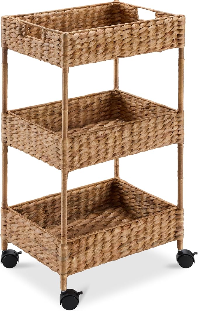 Best Choice Products 3-Tier Water Hyacinth Rolling Nursery Caddy w/Wheels, Utility Cart, Storage Organization for Bathroom, Craft Room, Laundry Roomâ Chestnut