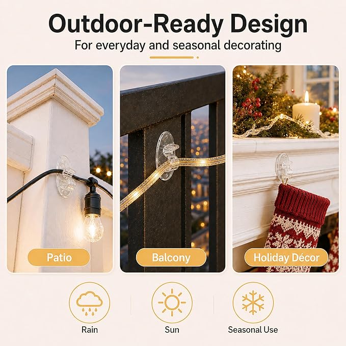 Hooks Lights Clips Outdoor String - 3X Stronger Adhesion 20Pcs Clear Heavy Duty Hangers Waterproof Adhesive - Sticky Removable 0 Residue No Drill Indoor Garage - for Patio Fence Gutters Wall Christmas