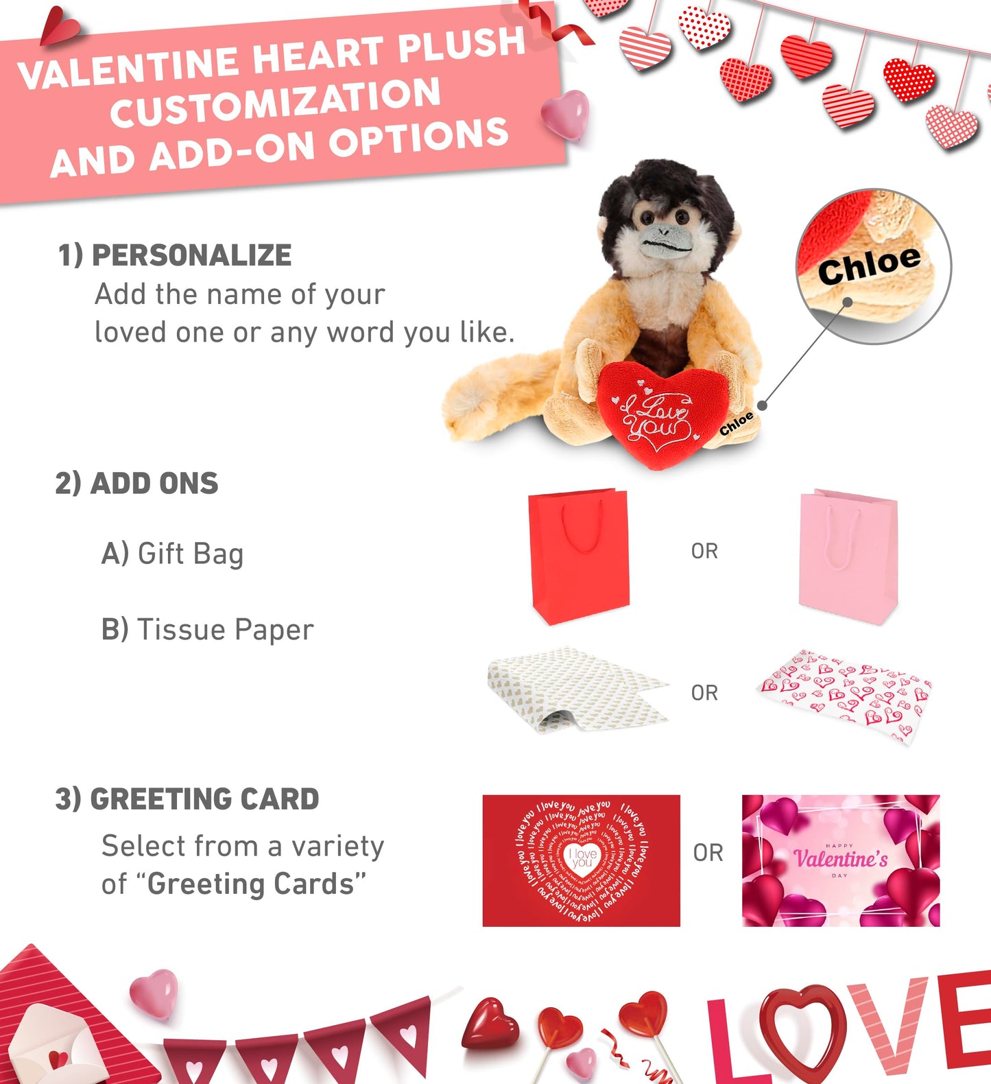 DolliBu I Love You Valentine Plush Squirrel Monkey - Cute Stuffed Animal with Red Heart and Name Personalization Gift for Valentines Day, Birthday, Anniversary, Romantic Date - 12.5 Inches