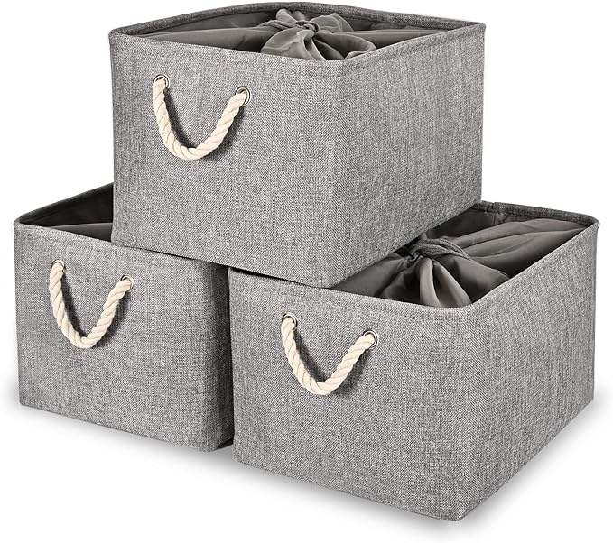 HOdo Home 3PCS Storage Bins, Fabric Bin with Drawstring Closure and 2 Bold Handles, Collapsible Large Canvas Baskets for Organizing Shelf Nursery Home Closet (15.8Ã11.8Ã9.5 In, Grey)