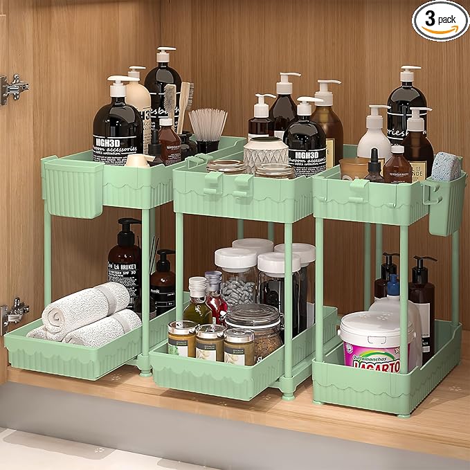3 Pack Under Sink Organizers, 2-Tier Multi-Use Kitchen and Bathroom Organizers and Storage with Sliding Drawersï¼Bathroom Cabinet Organizer (Green, 12.8 Inch)