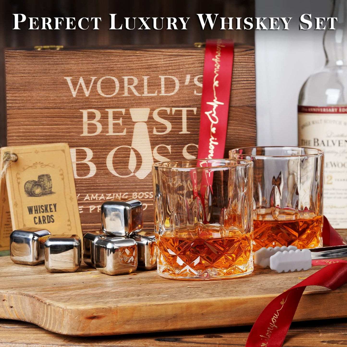 Oaksea Boss Day Gifts for Men Him, Anniversary Unique Gifts for Him, Birthday Retirement Gift for Boss Men, Stainless Steel Engraved Whiskey Stones Glasses Cool Burbon Scotch Set Gift