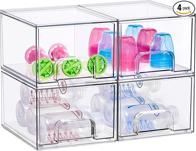 Sorbus Stackable Acrylic Storage Drawers, 4 Pack Clear Plastic Organizer Bins for Baby Bottles, Makeup, Bathroom, Vanity & Kitchen Countertop Organization, Pull-Out Drawer Design for Cabinets & Pantry
