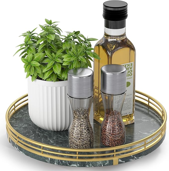 Green Marble Lazy Susan Turntable for Table Top â 10â Round Marble Tray Organizer for Dining Table, Kitchen Countertop & Bar, Luxury Stone Serving Tray with Gold Frame