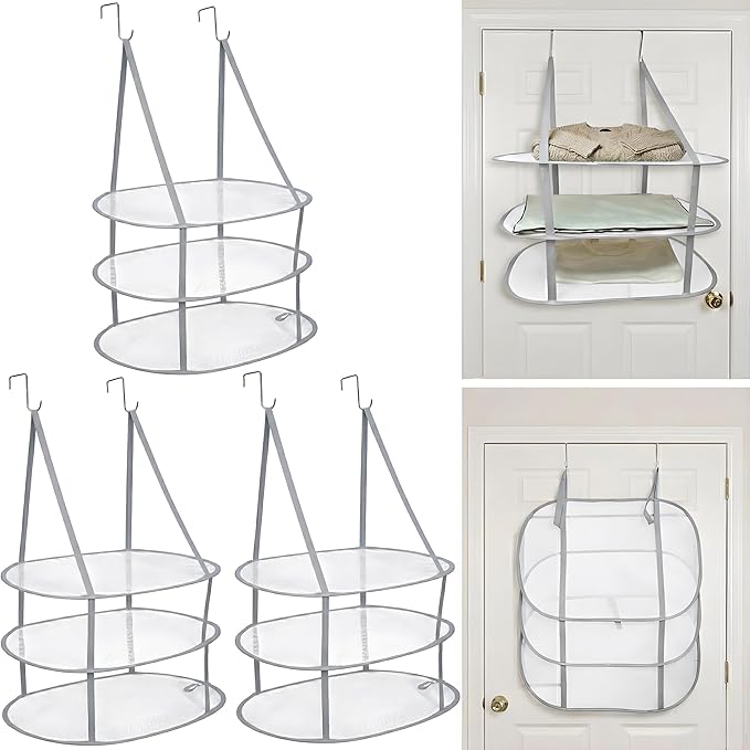SAMJANE Sweater Drying Rack Hanging â Lay-Flat Warp-Knit Airflow Mesh for Delicates, 3-Tier Foldable Space-Saving Door-Hanging Design for Fast Drying & No Deformation in Small Spaces (Grey- 3 Pack)