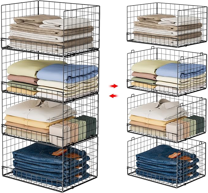 4-Tier Stackable Closet Organizers and Storage Shelves, Clothes Shelf Organizer Basket Bins, Foldable Sweater Storage for Closet Organizer System, Black (Patent Pending)