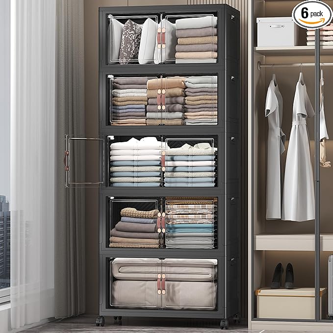 Extra Large Stackable Storage Bins with Lids & Wheels & Door,Foldable Collapsible Closet Organizers, Plastic containers drawers for bedroom Dorm (Dark-112QT, 5Pack with 1 top lid)