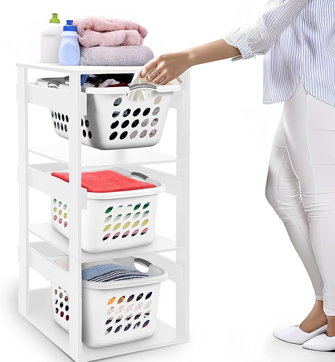 Laundry Basket Holder Shelf â Stackable Engineered Wood Laundry Tower, Tiered Hamper Organizer for Bathroom, Bedroom, Closet (White, 3 Tier)