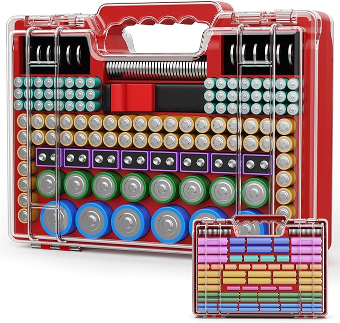 Battery Organizer Storage Case with Tester, Ultra-Large 265+ Double-Sided Batteries Container with Handle, Holds AA AAA 4A 23A C D Cell 3V 9V Lithium CR3 4LR44 CR123A 18650 (Red)