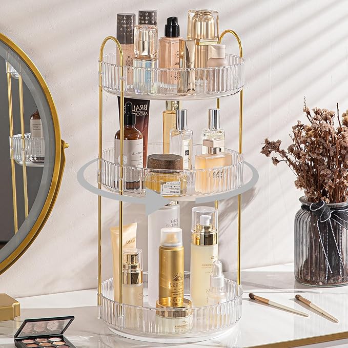 Rotating Makeup Organizer for Vanity, Large Capacity Skincare Perfume Storage, Bathroom Counter Organizer, 360 Spinning Cosmetic Dresser Countertop Organizers (Clear, 3 Tier)