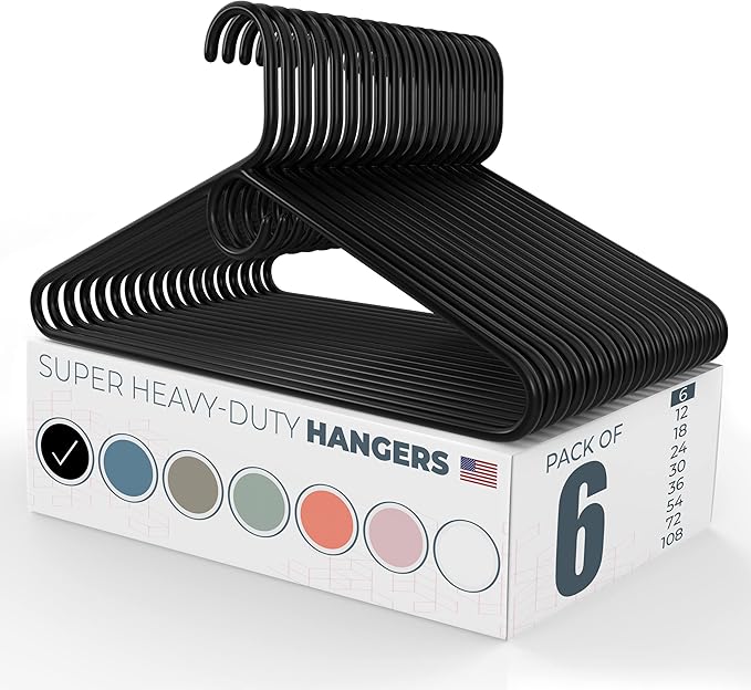 Neaties Super Heavy Duty Clothes Hangers 6 Pack â Made in The USA - 10lb Capacity, Thick Plastic Hangers for Pants, Coats, Jackets, Jeans and Adult Clothing â Black