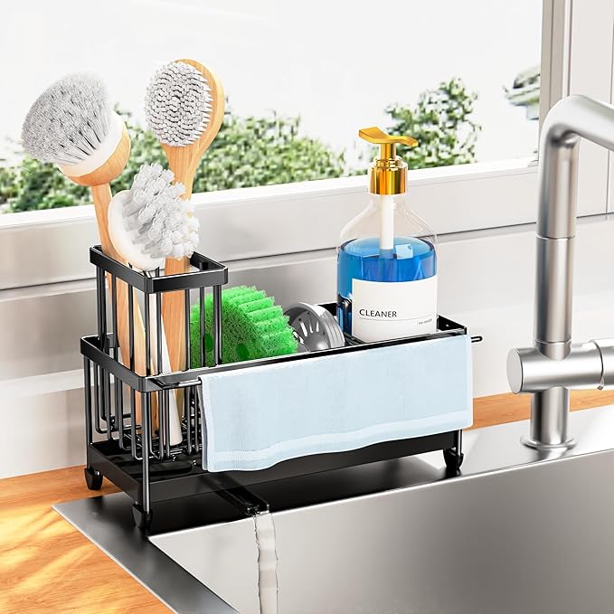 Cisily Sponge Holder for Kitchen Sink, Sink Caddy Organizer with High Brush Holder, Kitchen Countertop Organizers and Storage Essentials, Rustproof 304 Stainless Steel (Black With Towel Rack, 9.25â³)