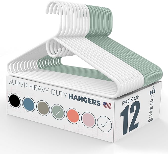 Neaties Super Heavy Duty Clothes Hangers 12 Pack â Made in The USA - 10lb Capacity, Thick Plastic Hangers for Pants, Coats, Jackets, Jeans and Adult Clothing â White & Mint