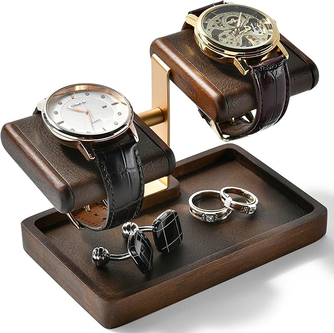 Wood Watch Organizer Tray with Dual Padded Display Stand â Elegant Valet Tray for Men â Premium Desk, Dresser & Nightstand Organizer for Watches, Rings & Accessories â Gift-Ready Design