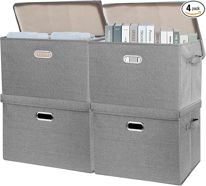 SNWDN 4 Pack Large collapsible Fabric Storage Bins with Lids Fabric storage box with lids for closet organizers and storage (grey 17.3x11.4x11.8 inches)