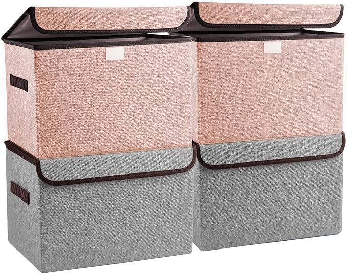 Linen Fabric Foldable Storage Cube Bin Organizer Basket with Flip-Top Lid & Handles, Large Clothes Blanket Box for Home, Office, Closet, Gray & Pink, 4 Pack 14.6 x 9.5 x 9.5â