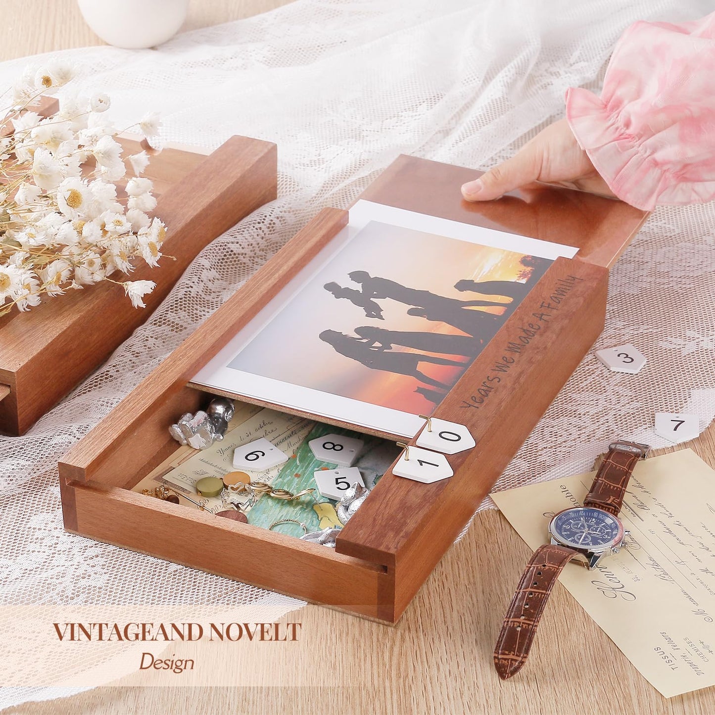 Anniversary Keepsake Box with Family Statue- Wooden Picture Frame for Cherished Keepsakes Storage,Anniversary or Wedding Gifts for Her/He (Walnut)