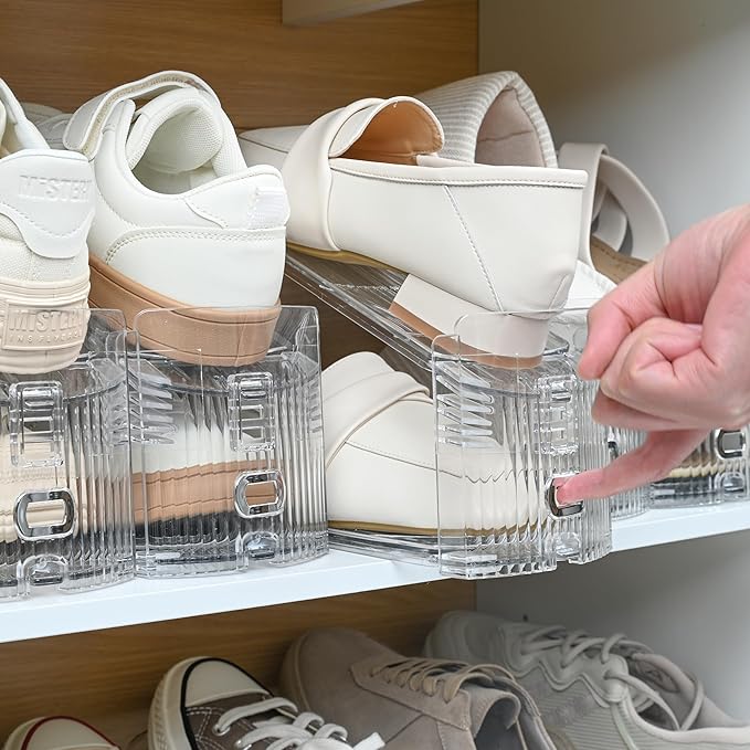 10-Pack Shoe Slot Organizer & Shoe Stacker for Closet, Adjustable Shoe Space Saver, Double Deck Clear Shoe Storage for Small Spaces (Transparent)