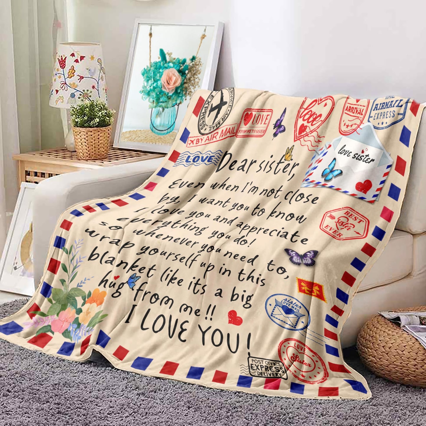 Sister Gifts Throw Blanket for Sisters,Sister Birthday Gifts,Mother's Day,Super Soft Flannel Love Present A Letter Blankets with Butterfly 50"x60" for Christmas,Valentines Day,Bed,Couch