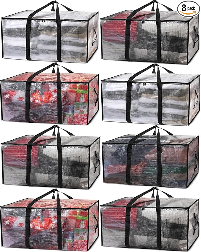 ClearSpace Heavy Duty Moving Bags or Storage Bags â Clear Storage Bins with Lids, Large Moving Boxes with Backpack Straps & Zippers â Packing Bags & Moving Supplies for College Dorm- 8 Pack