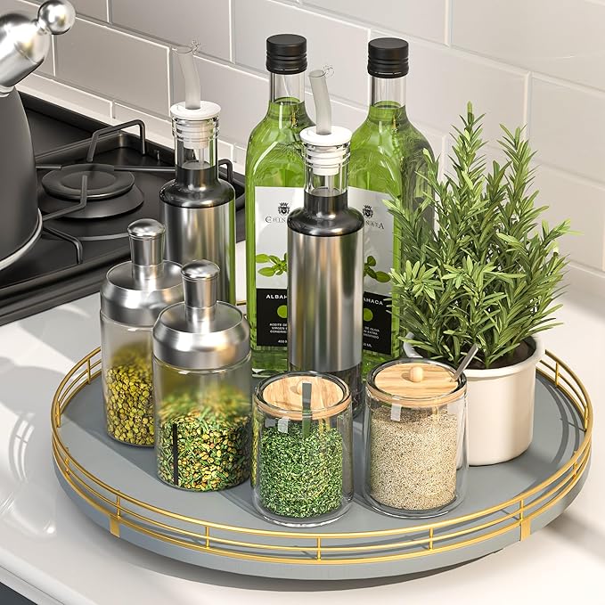 13" Wooden Lazy Susan Turntable for Cabinet â Round Rotating Spice Rack Organizer, Gray Kitchen Countertop Tray for Dining Table & Pantry Storageï¼Gray & Goldï¼