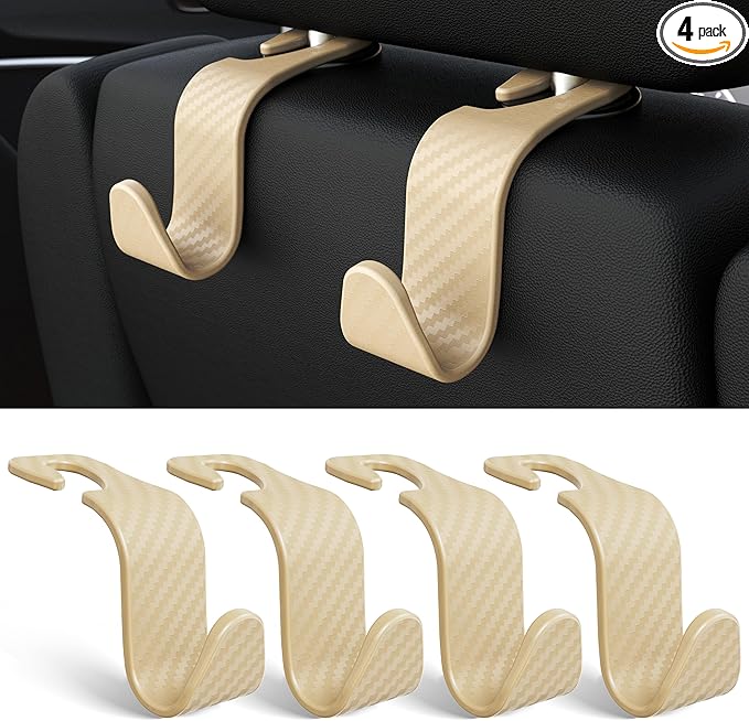 Amooca 4-Pack Car Headrest Hooks Vehicle Storage Organizer for Purses Handbags Groceries Coats âHolds 55lbs 360° Rotating Simple Design Checkered Beige
