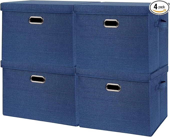 SNWDN 4 Pack Collapsible Fabric Storage Bins with Lids Fabric storage box with lids for closet organizers and storage (Dark Blue 14.6x10.6x10.2 inches)