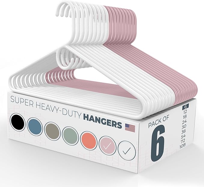 Neaties Super Heavy Duty Clothes Hangers 6 Pack â Made in The USA - 10lb Capacity, Thick Plastic Hangers for Pants, Coats, Jackets, Jeans and Adult Clothing â White & Pink