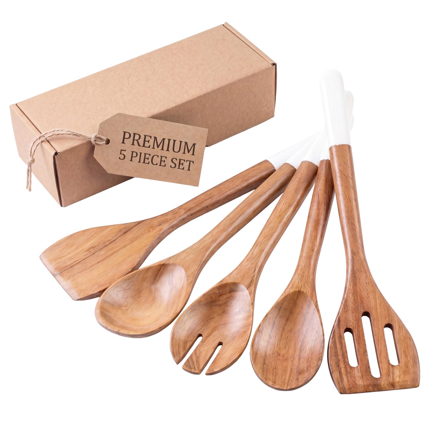 INTAJ Wood Kitchen Utensil Set â Handmade Wooden Spoons & Spatula for Cooking and Serving 5-Piece Acacia â Durable, Smooth Surface & Gentle on Cookware â Easy to Clean Kitchen Tools