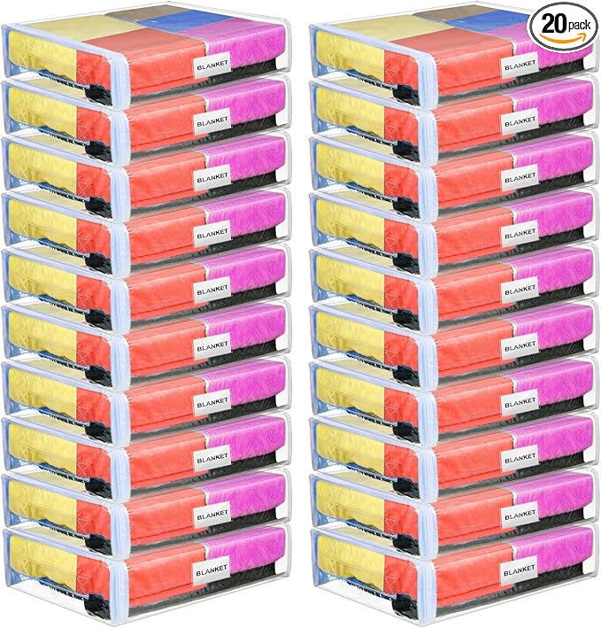Kenning Set of 20 Clear Zippered Storage Bags for Sheet Organizer Plastic Sweater Bags with Handle Pocket Vinyl Bag for Bed Blanket Throw Pillow Toys(White,12 x 10 x 4 Inch)