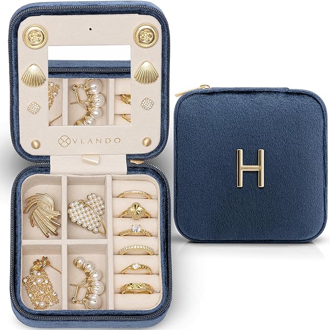 Vlando Jewelry Case for Girls Womens Fashion, Pink Jewelry Box Travel Must Haves, Jewelry Box for Girls, Small Travel Jewelry Case Birthday Gifts for Travel Gifts for Women - Letter H, Dark Blue