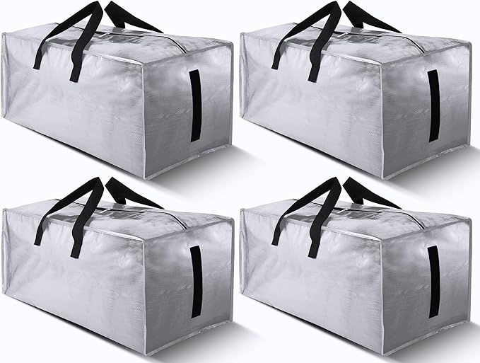 4 Pack Large Strong Bags with Zippers & Carrying Handles - Water-Resistant - Heavy Duty Storage Tote for Space Saving Storage, Fold Flat, Alternative to Moving Box (Silver)