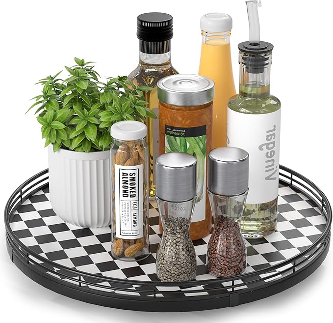 Black and White Kitchen Lazy Susan Turntable â Checkered Round Decorative Tray, 13â Table Top Oak Wood Lazy Susan for Cookies, Dining Table Organizer, Small Kitchen Table Centerpiece