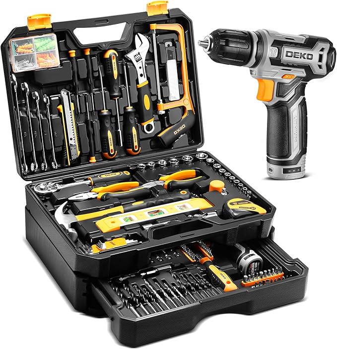 Tool Kit Box Drill Setï¼DEKOPRO Home Mechanic Toolbox with 12V Power Cordless Drill Hand Repair Tools Sets Combo Kits Storage Organizer Drawer Case for Men