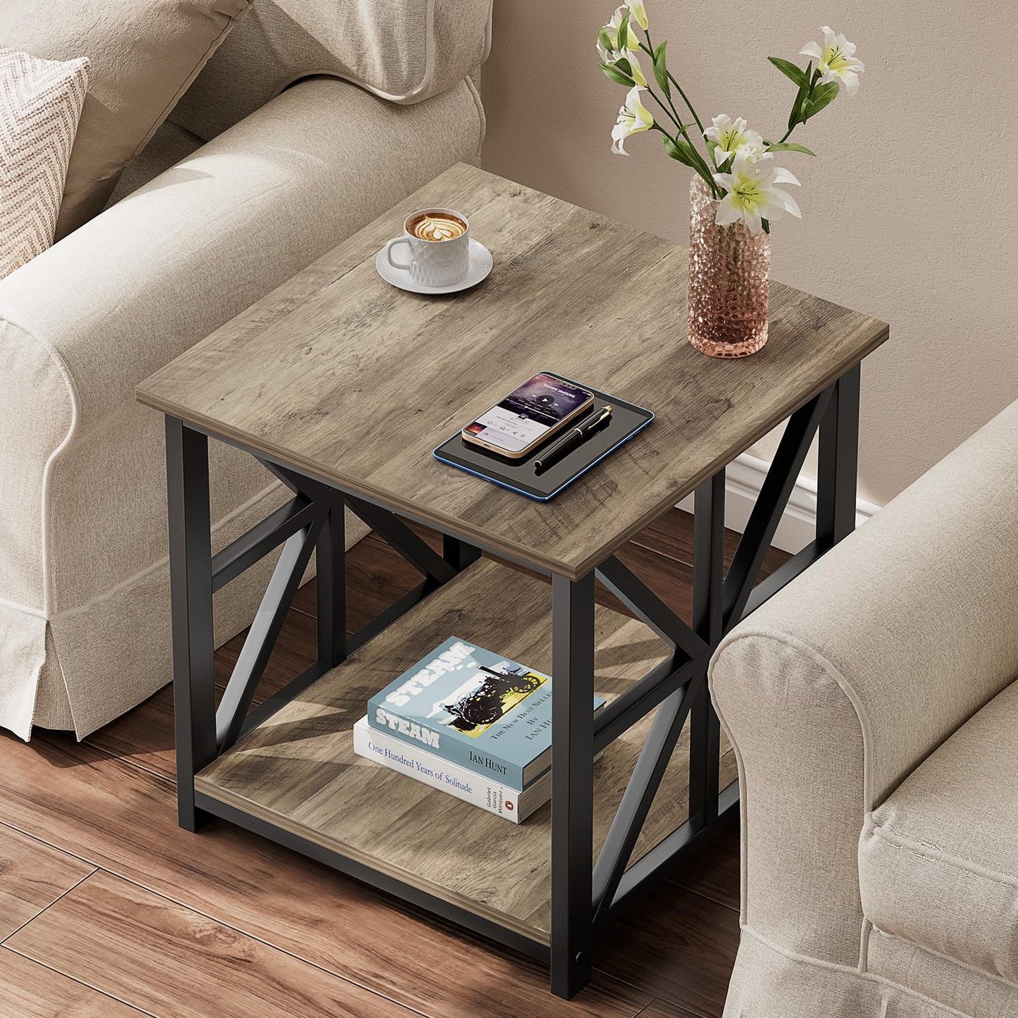 GreenForest Side Table, 50cm End Table with 2-Tier Storage Shelf, Square Small Bed Side Table for Living Room, Farmhouse Sofa Nightstand for Bedroom Office, Grey Wash