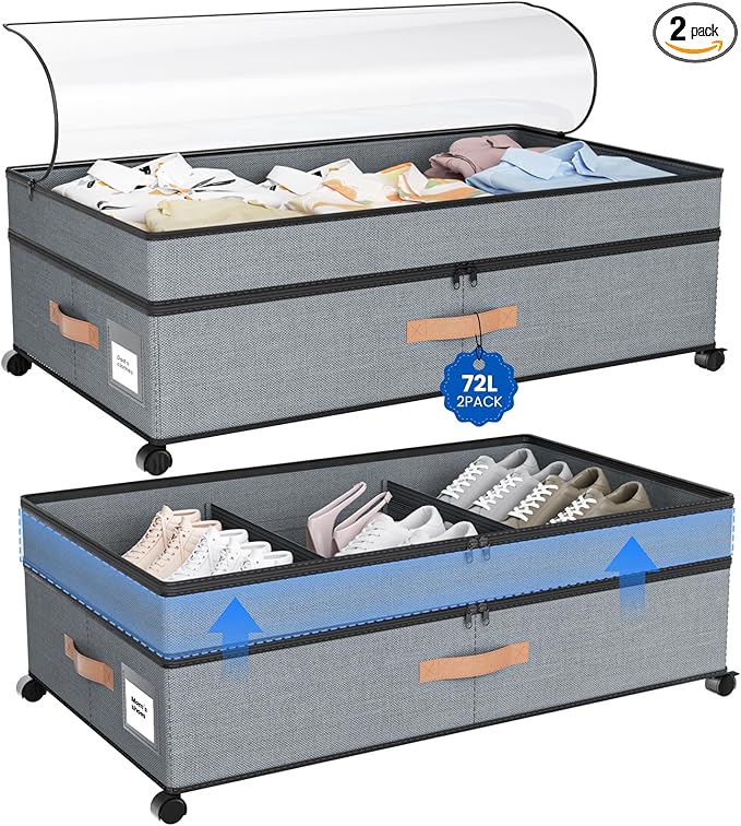 Under Bed Storage with Wheels, 72L XXL Under the Bed Storage Containers Large, 10ââ Tall Adjustable Storage for Underbed with Lids, Rolling for Shoes, Clothes, Blankets, Grey