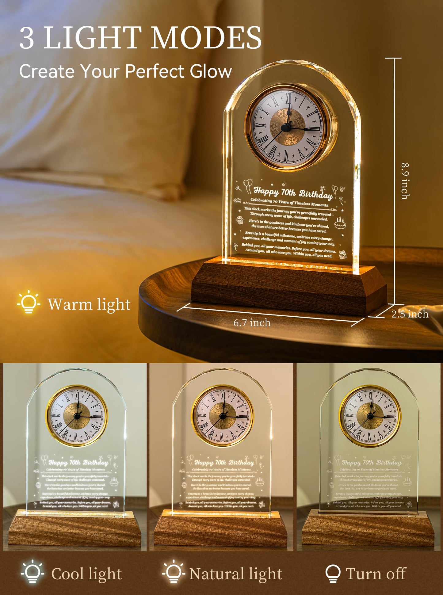 70th Birthday Clock Gifts for Women and Men – Gift for 70 Year Old Mom, Dad, Grandma, or Grandpa with Wooden LED Light Base – Birthday Present Ideas for Her or Him with Gift Box Battery Not Included