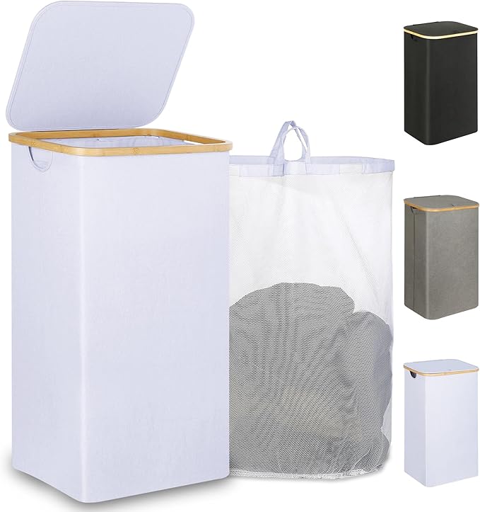 110L Laundry Hamper with Lidï¼Dirty Clothes Hampers for Laundry,Laundry Basket with Bamboo Handles and Removable Bag,Hamper for Bedroom, Bathroom, Dorm, Laundry Room, White