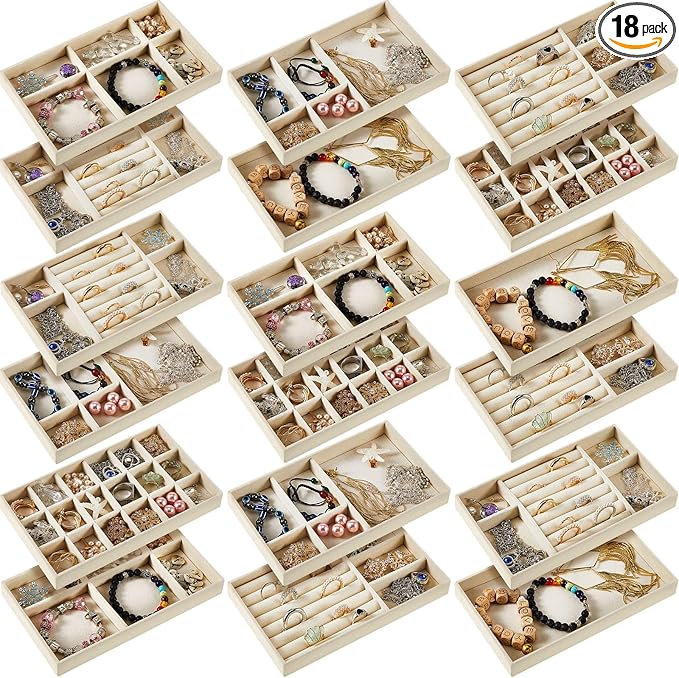 Junkin 18 Pcs Velvet Jewelry Tray Stackable Jewelry Drawer Organizer Jewellery Box Divided Display Tray for Earring Bangle(Beige)